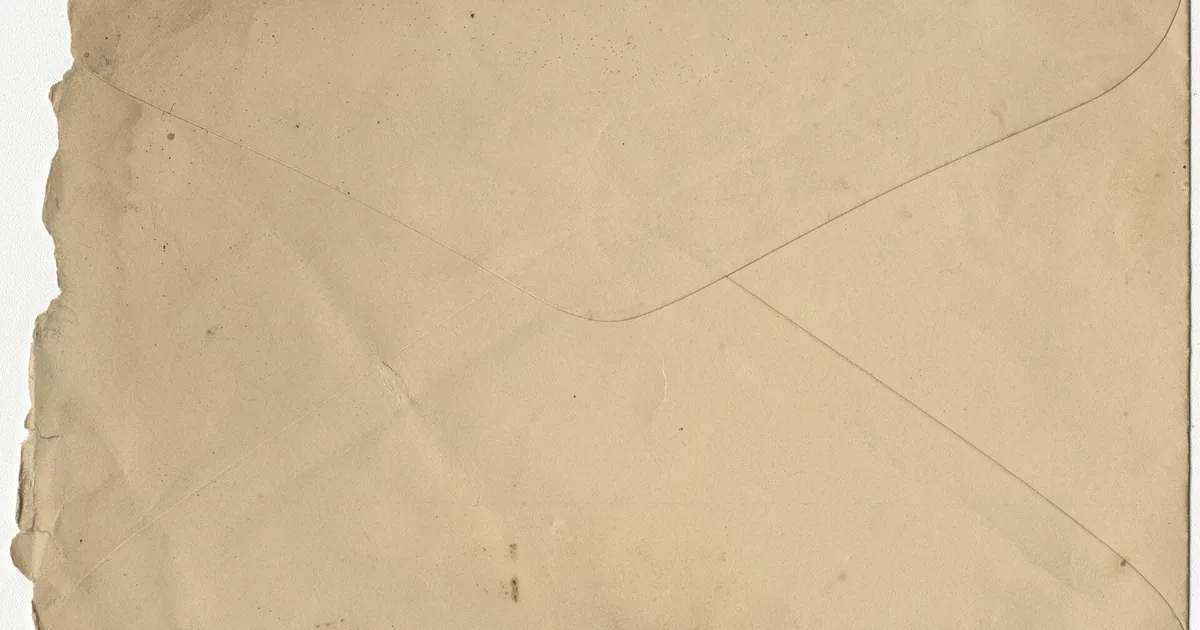 Una busta aperta che si ripiega in una scatola vuota, sotto una piccola etichetta in attesa