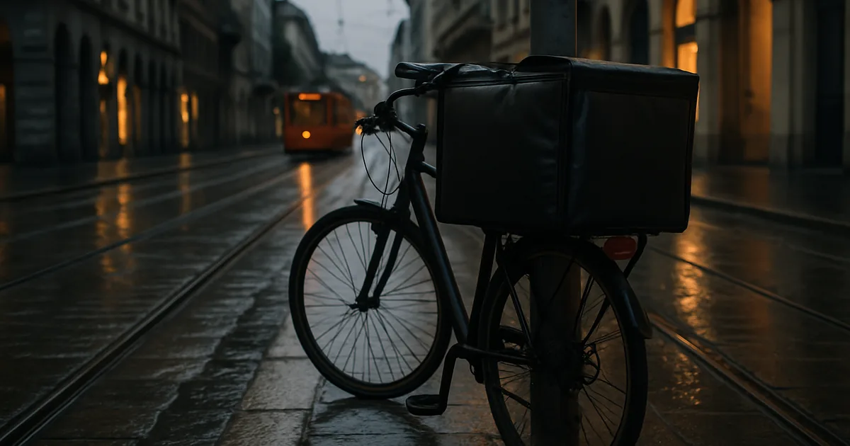 Una bicicletta da consegne con lo zaino termico, ferma su una strada di Milano dopo la pioggia