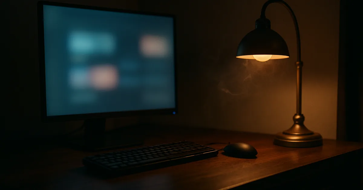 Una scrivania di sera con un monitor acceso e una lampada ambra, fumo leggero nella luce