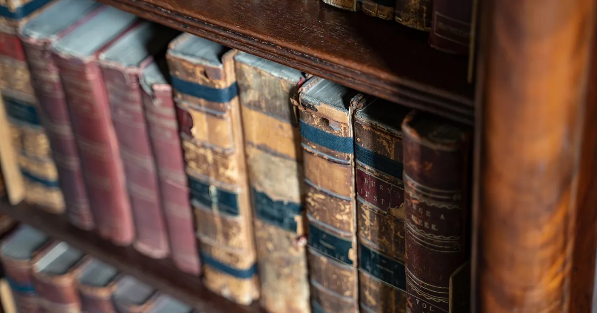 Una sala di biblioteca storica con scaffali di legno e libri antichi illuminati dalla luce del mattino