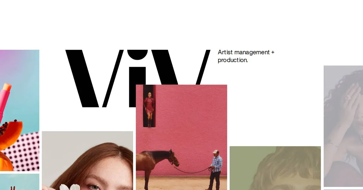 Schermata del sito di ViV Management: il grande wordmark nero «ViV» su fondo bianco, coperto in parte da fotografie di moda disposte in colonne sfalsate